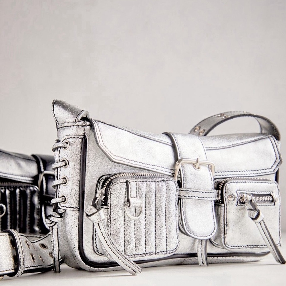 Free People High Speed Silver Gunmetal Metallic Leather Shoulder Crossbody - Picture 2 of 8